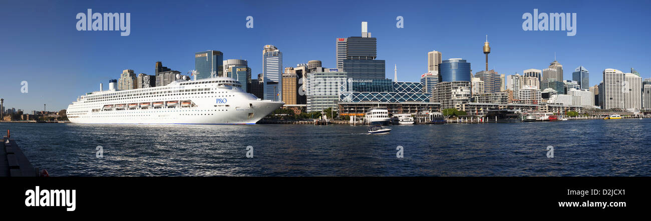 Panoramic view of P&O Cruises Superliner 'Pacific Jewel' moored at Wharf 8 Darling Harbour next to the CBD of Sydney Australia Stock Photo