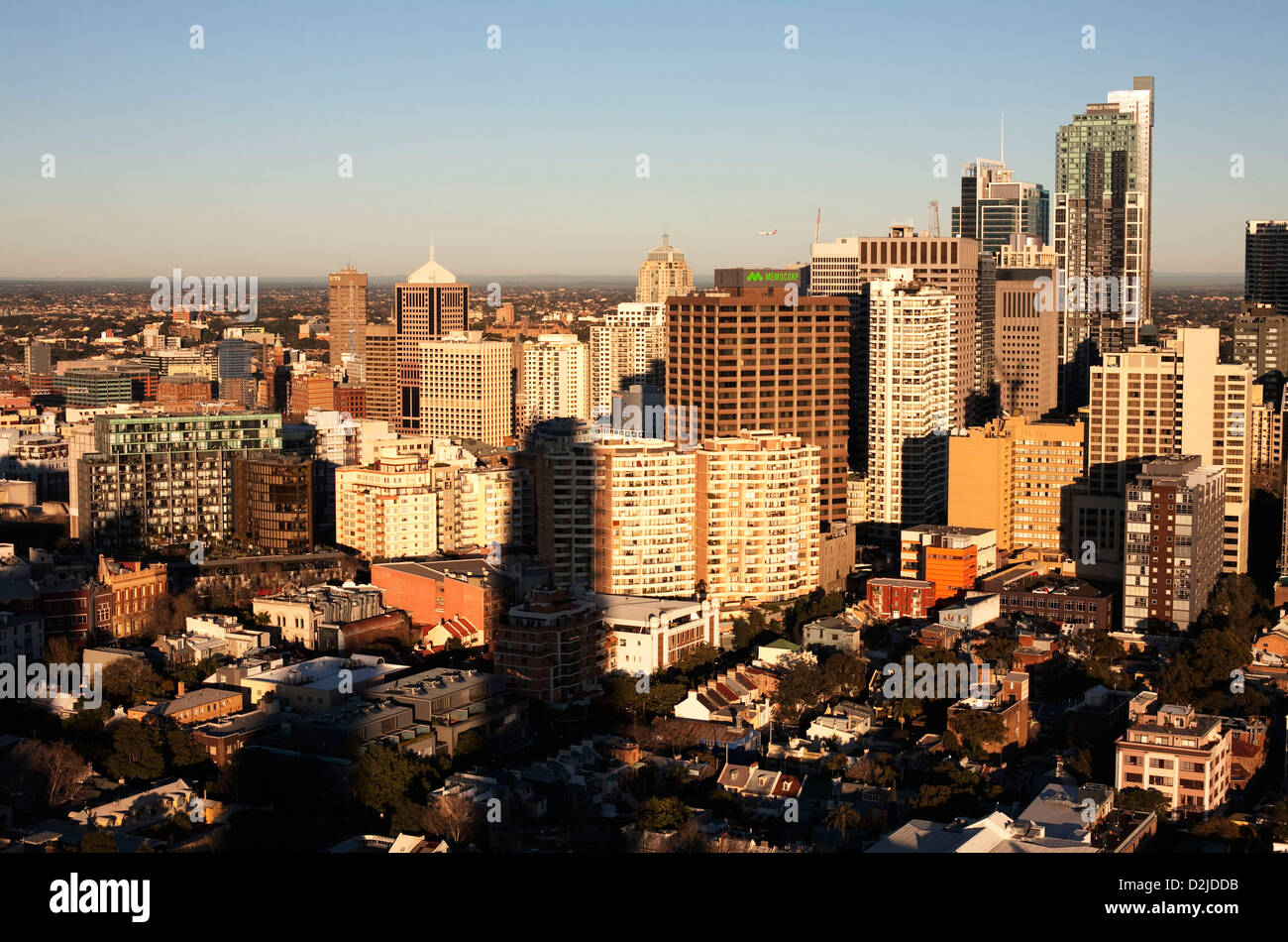 Aerial elevated view over a mixture of residential terrace houses and high-rise office buildings South Sydney Australia Stock Photo