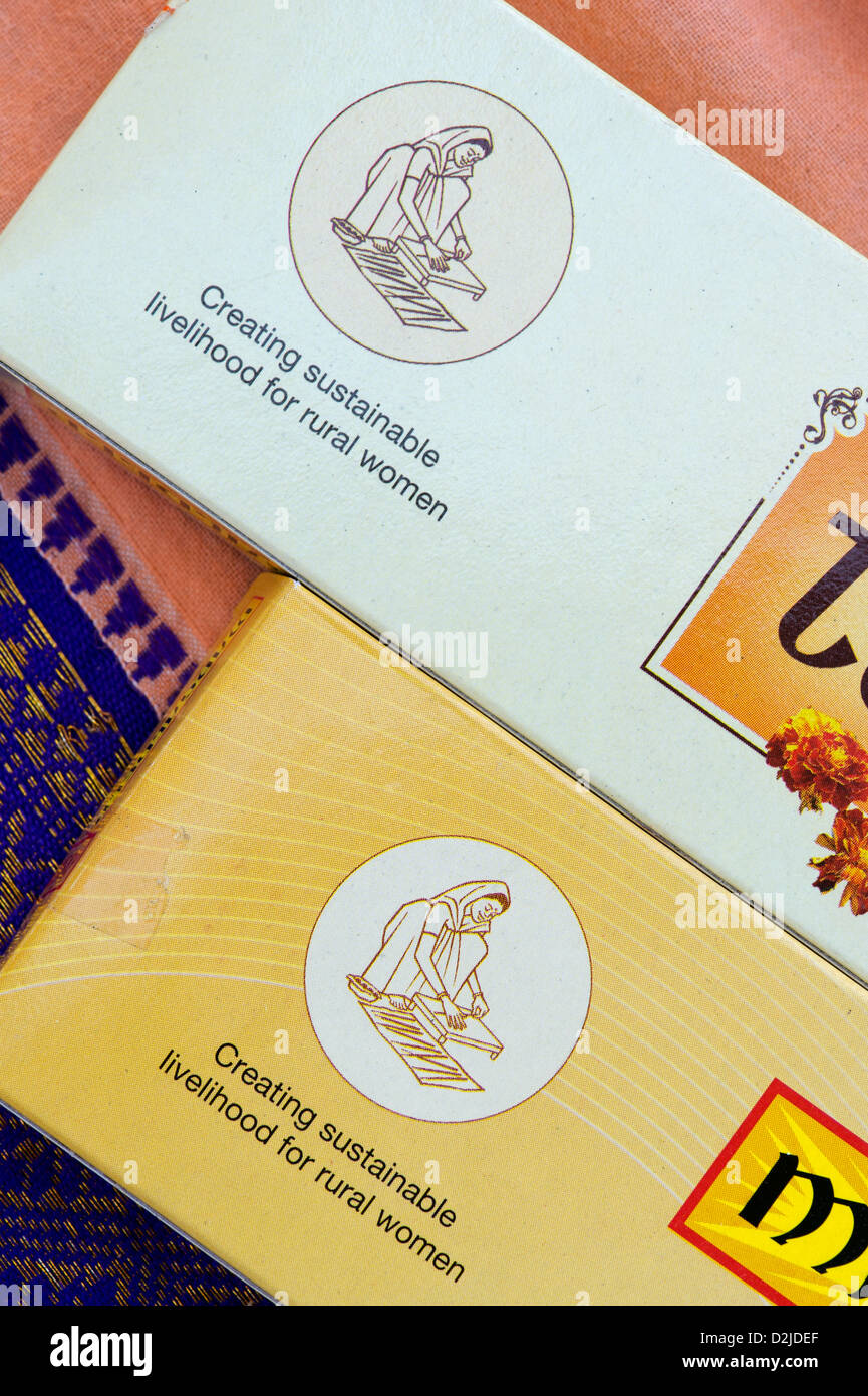 Creating Sustainable livelihood for rural women label on incense stick packets. India Stock Photo