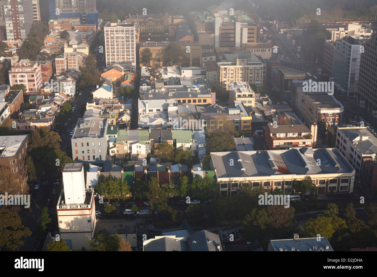 Aerial elevated view of  inner-city suburb Darlinghurst terrace houses East Sydney Australia Stock Photo