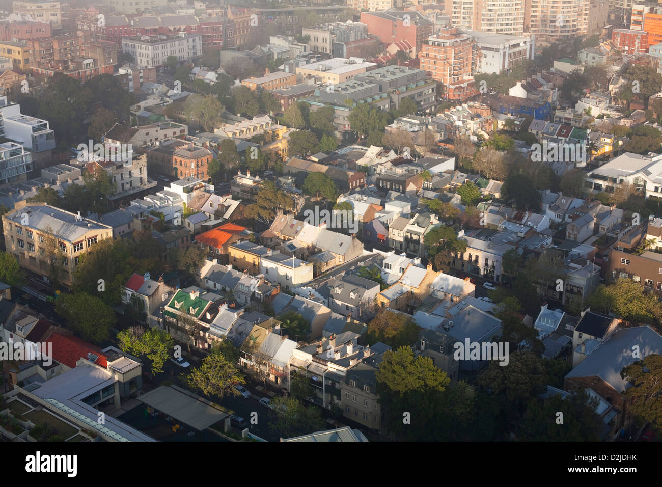 Aerial elevated view of historic terrace houses in the inner city suburb Darlinghurst Sydney Australia Stock Photo