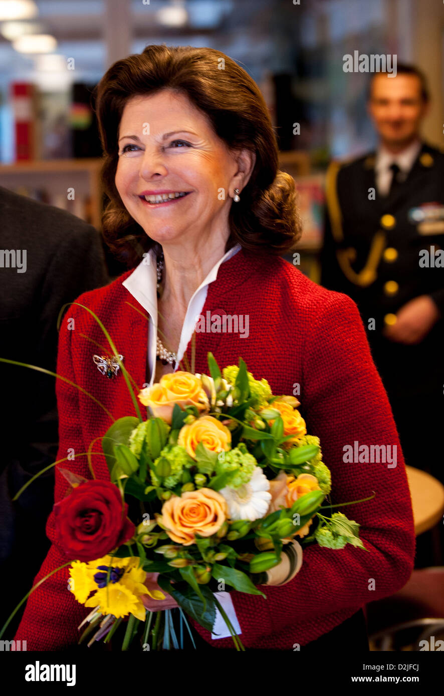 Queen Silvia of Sweden with a bunch of flowers Stock Photo