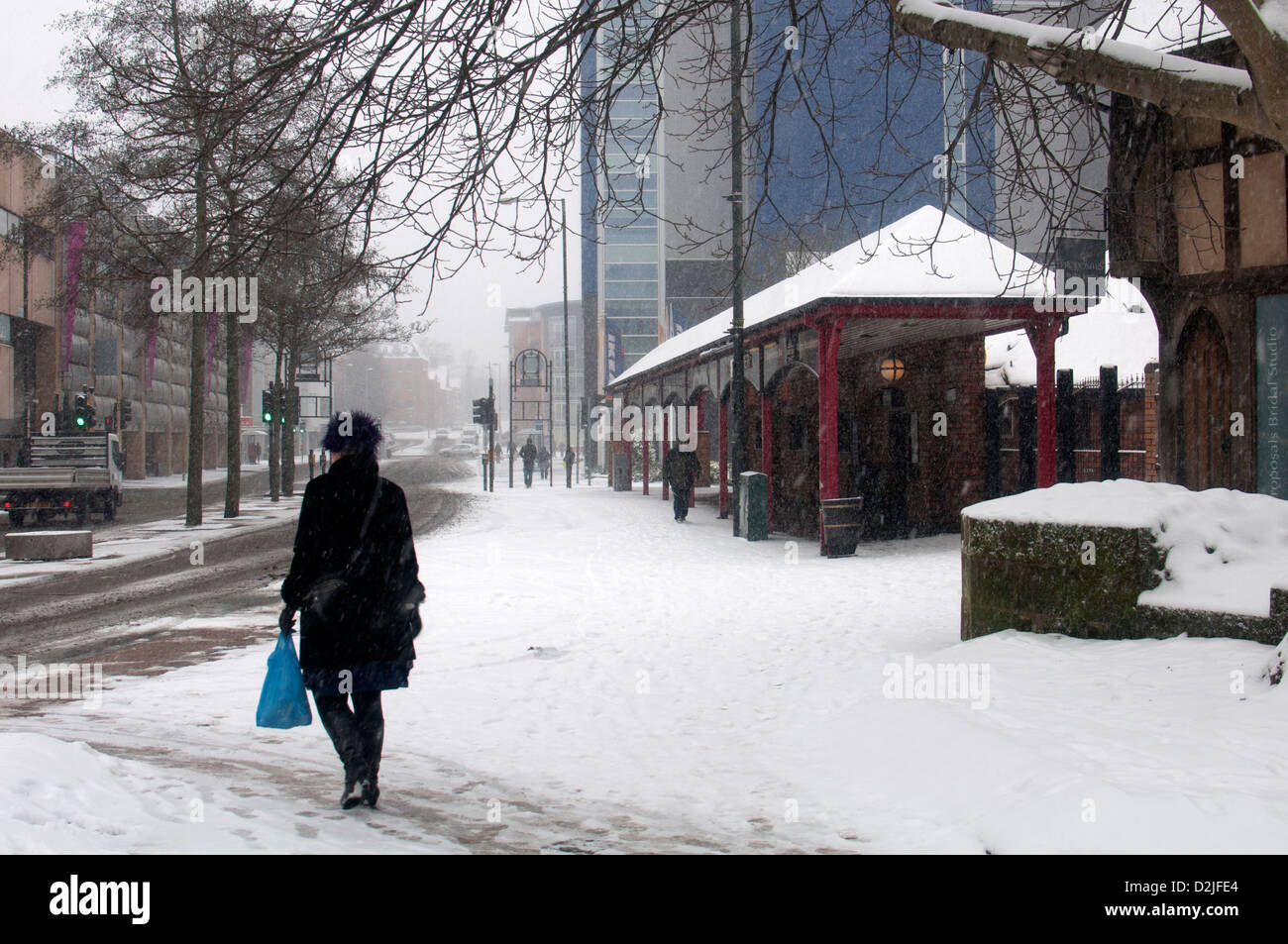City centre in snowy weather, Coventry, UK Stock Photo