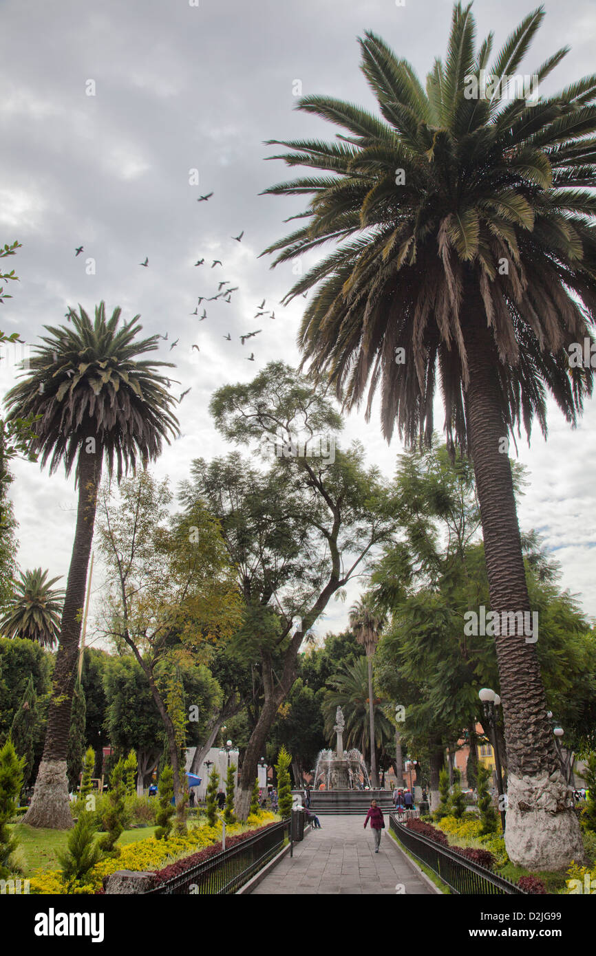 Zocalo Central square with Arcangel Michael Fountain in Puebla town