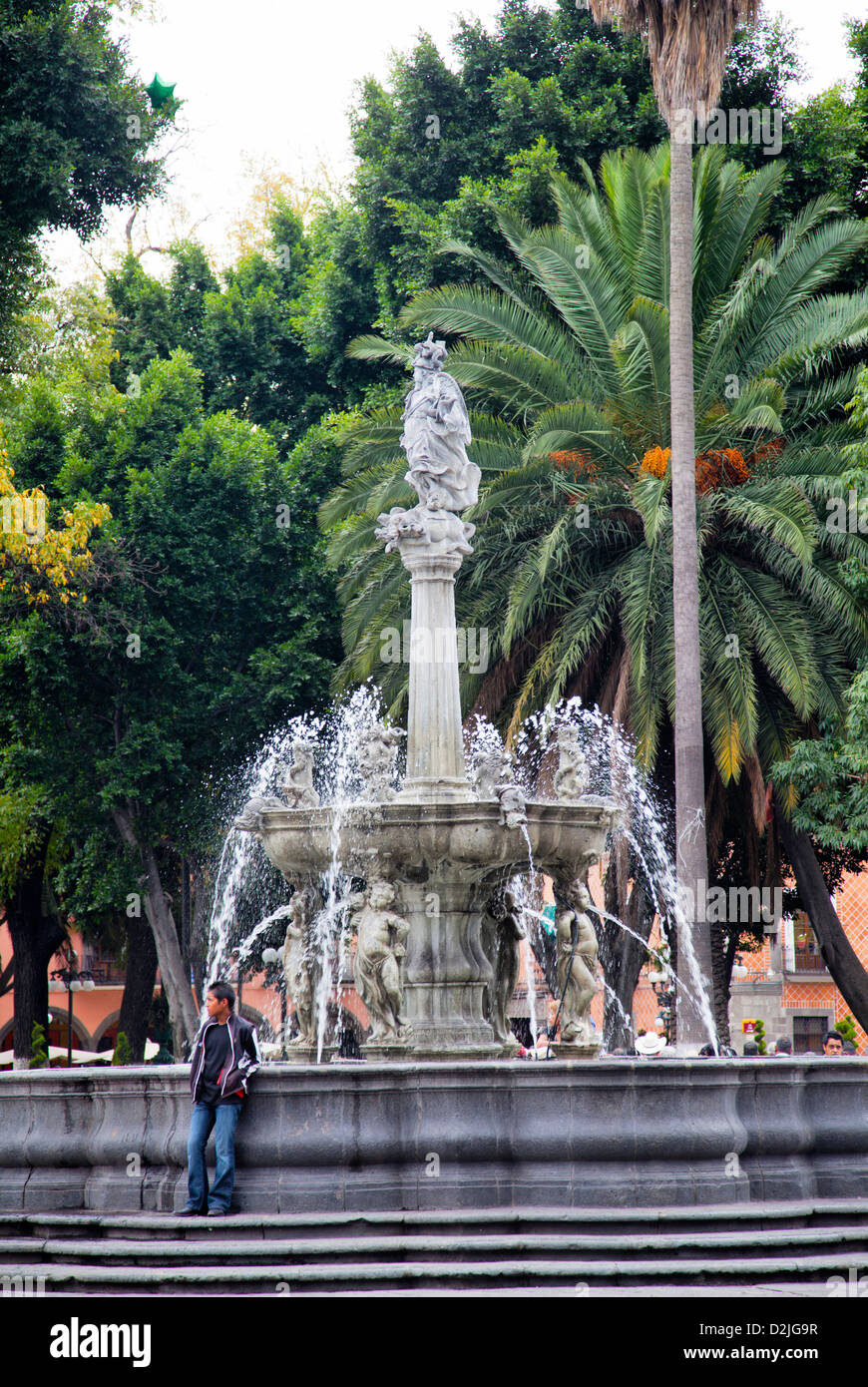 Zocalo Central square with Arcangel Michael Fountain in Puebla town