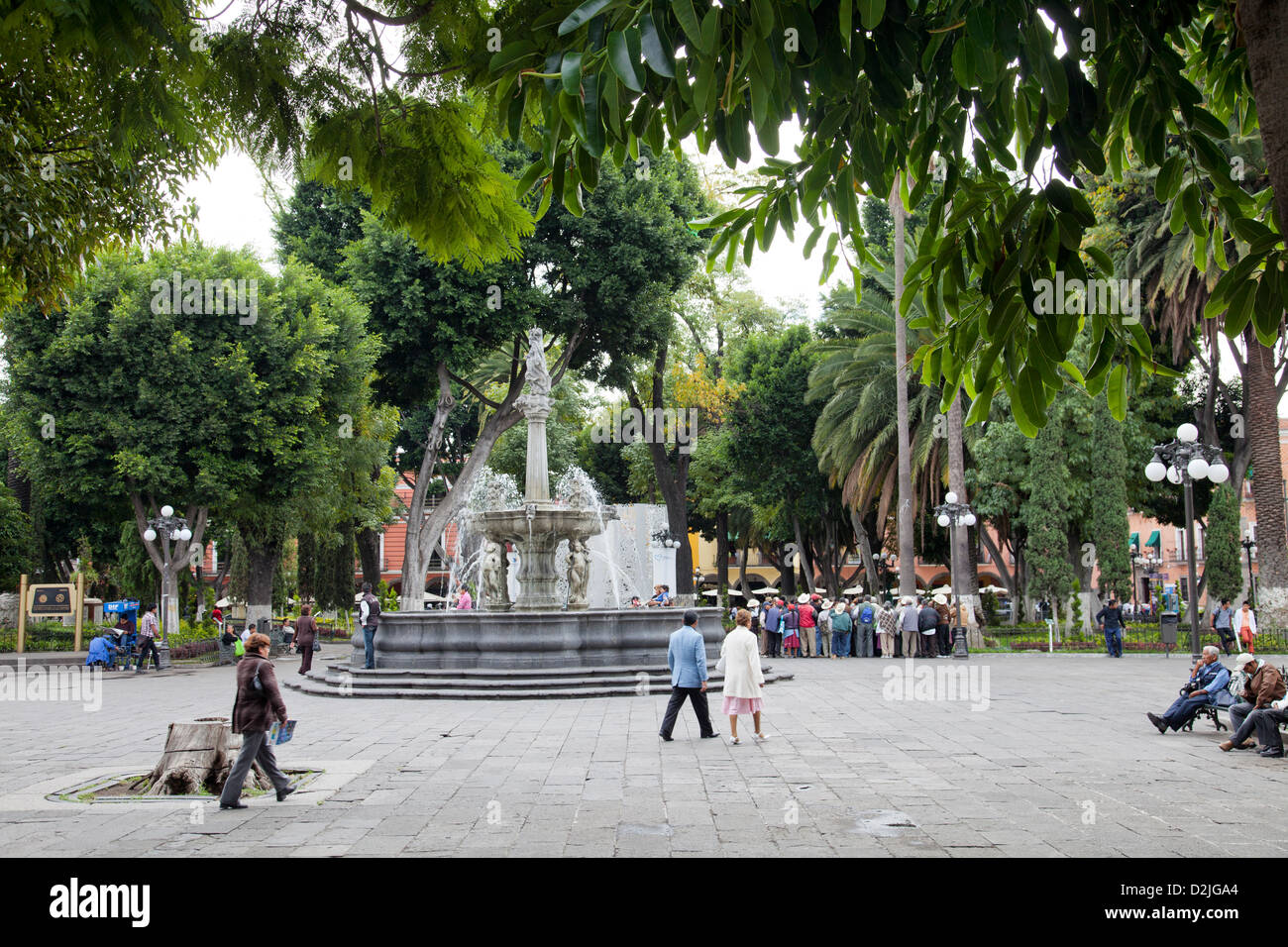Zocalo Central square with Arcangel Michael Fountain in Puebla town