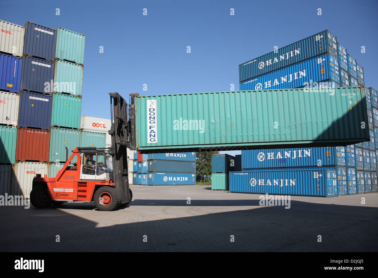 Hamburg, Germany, a frame truck transporting empty containers Stock Photo