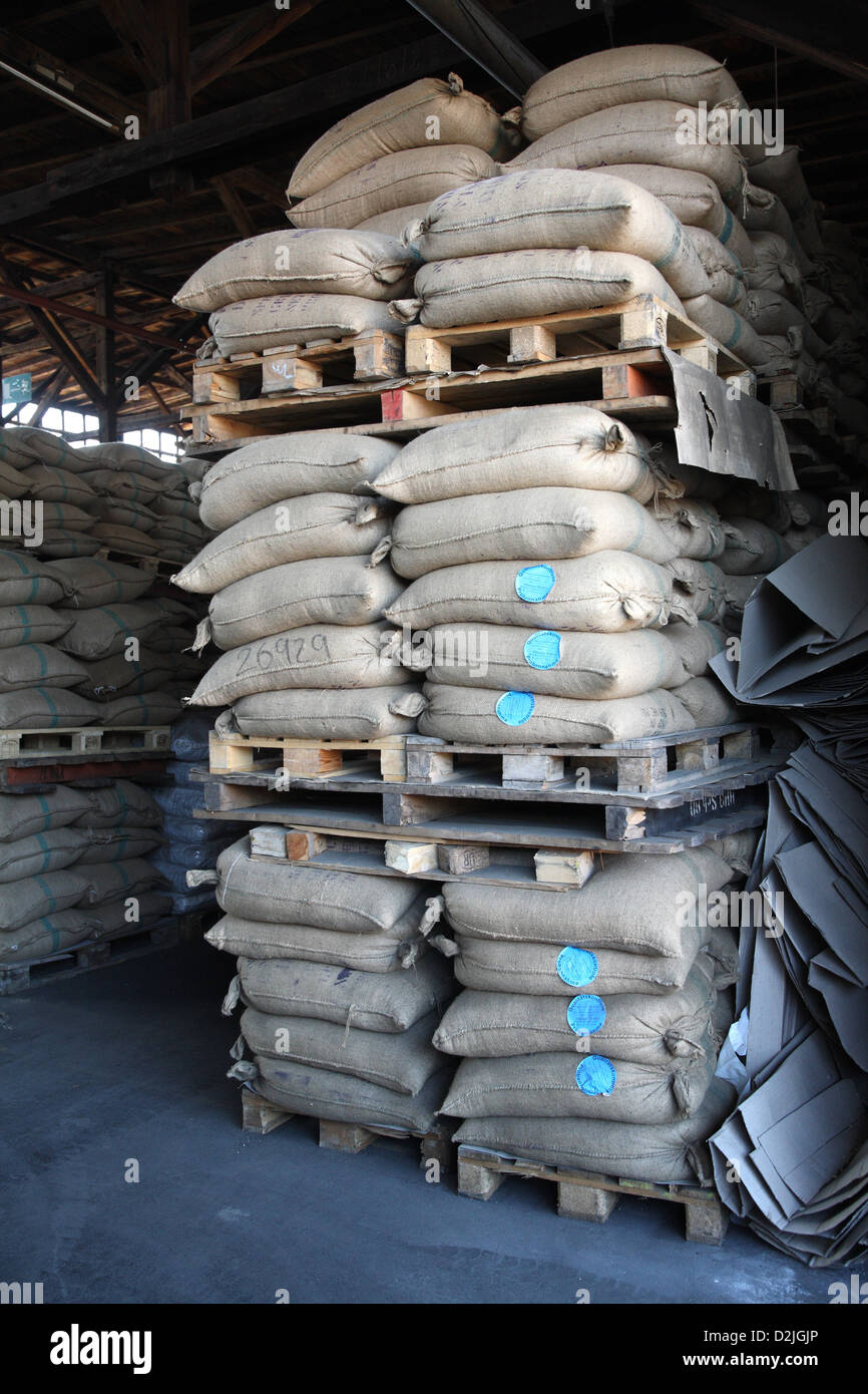 Hamburg, Germany, with sacks of goods in a warehouse in the free port Stock Photo