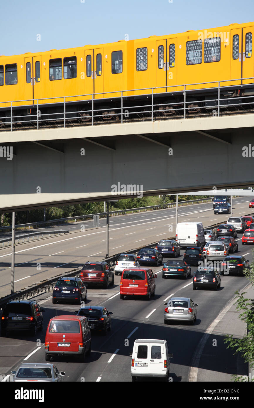 Berlin, Germany, a traffic jam on the freeway with subway on a bridge Stock Photo