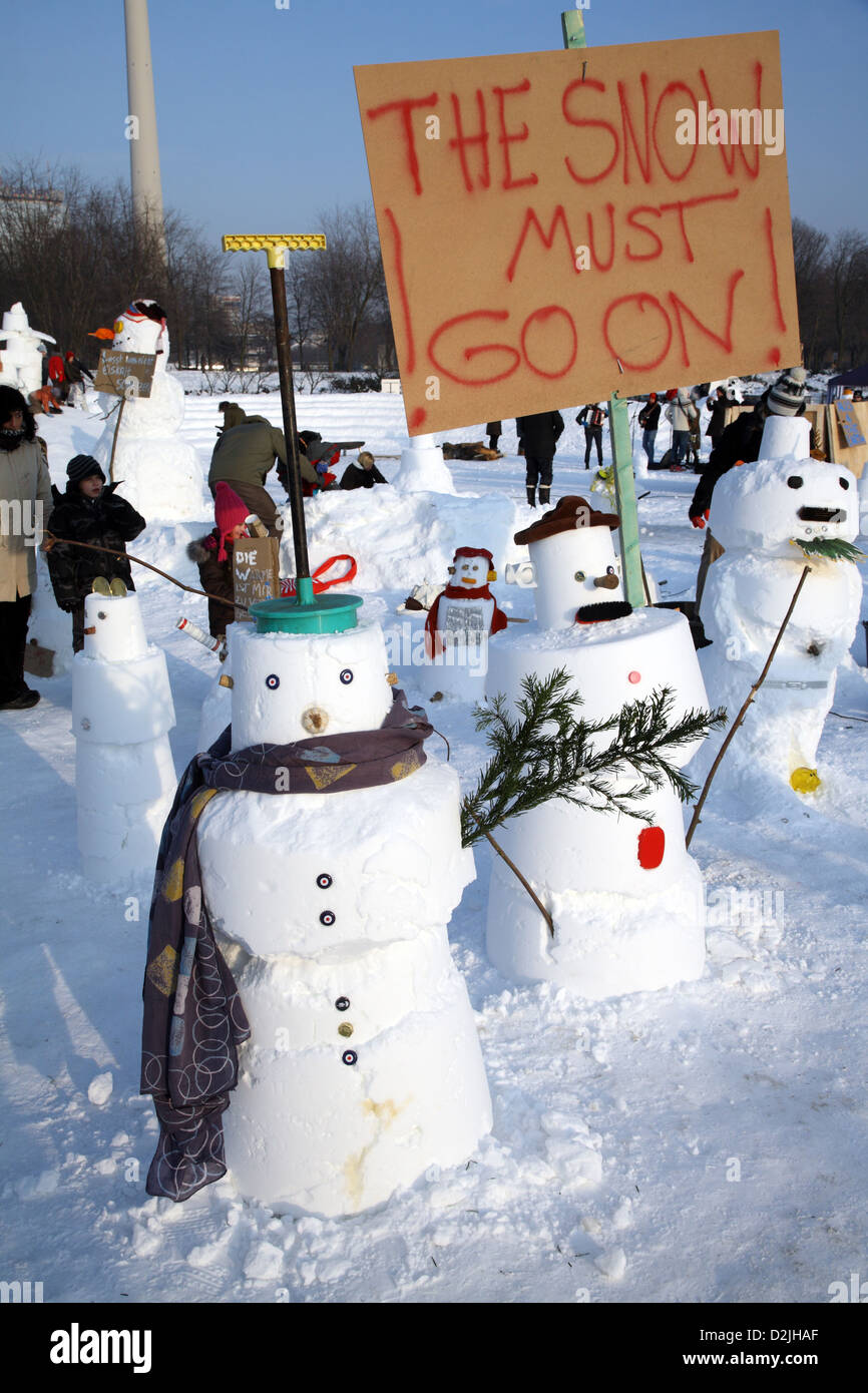 Berlin, Germany, Snowman demonstration against climate change by the initiator Entegra Stock Photo