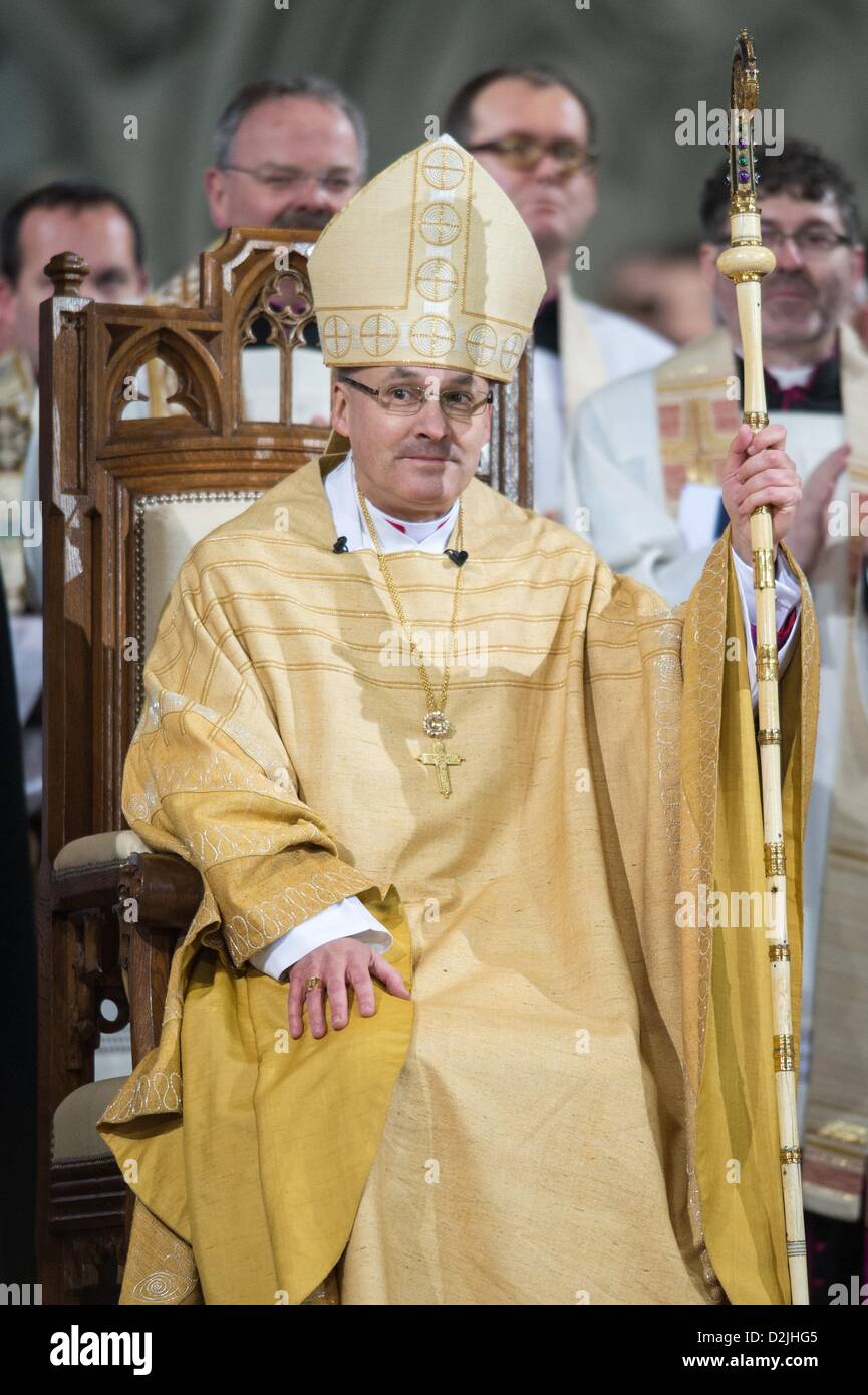 New bishop of Regensburg, Rudolf Voderholzer, sits on the Bishop's Chair at Regensburg Cathedral in Regensburg, Germany, 26 January 2013. About six weeks after his appointment 53 year old Vorderholzer was anointed the 78th bishop of Regensburg. Photo: ARMIN WEIGEL Stock Photo