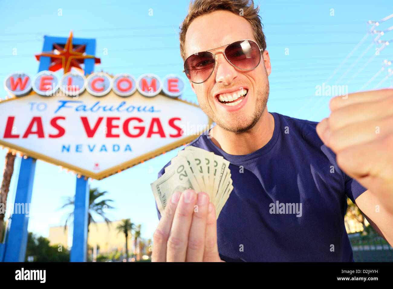 Las Vegas Man Winning Money Winning Gambler Standing Excited In Front Las Vegas Man Winning Money Winning Gambler Standing Excited In Front
