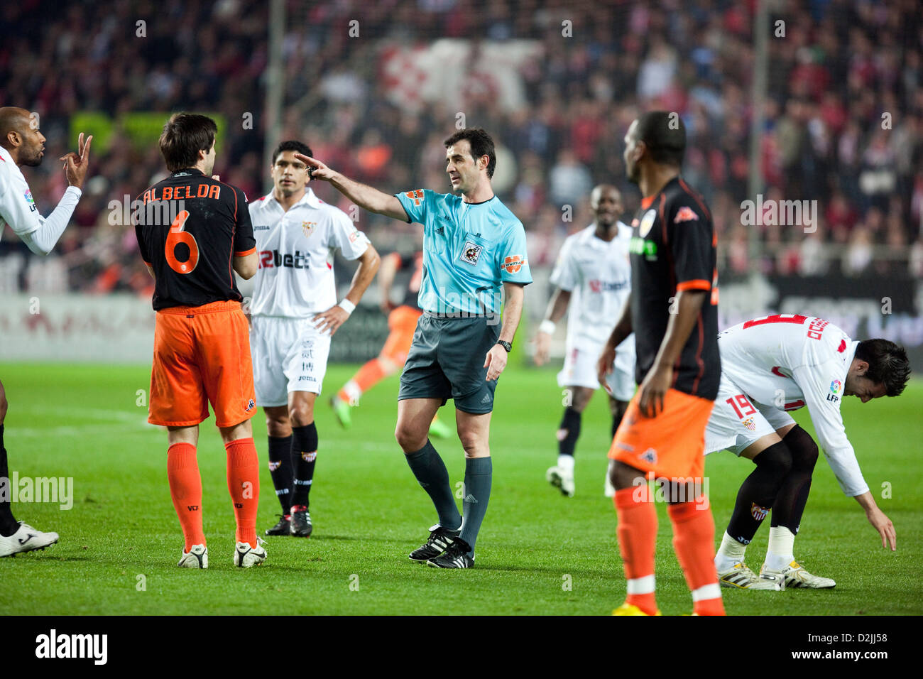 Seville, Spain, Frederic Omar Kanoute, Sevilla FC, discusses with the referee Stock Photo