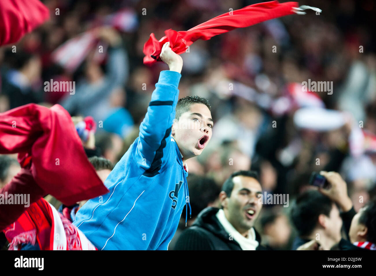Seville, Spain, young Sevilla FC fans celebrate a shot on goal Stock Photo