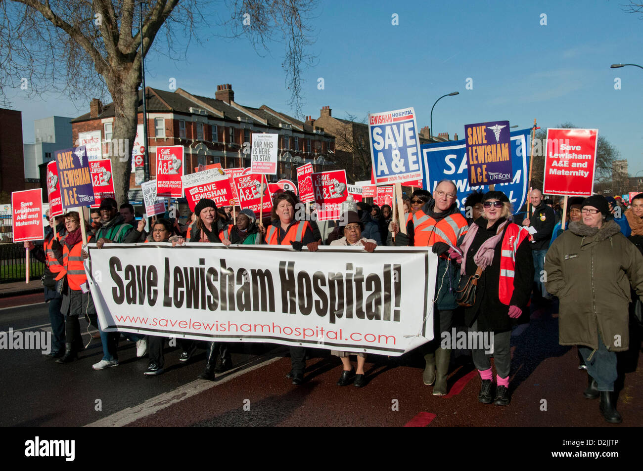 London, UK. 26th January 2013.  Protesters marching passed Lewisham Hospital. Credit:  Pete Maclaine / Alamy Live News Stock Photo