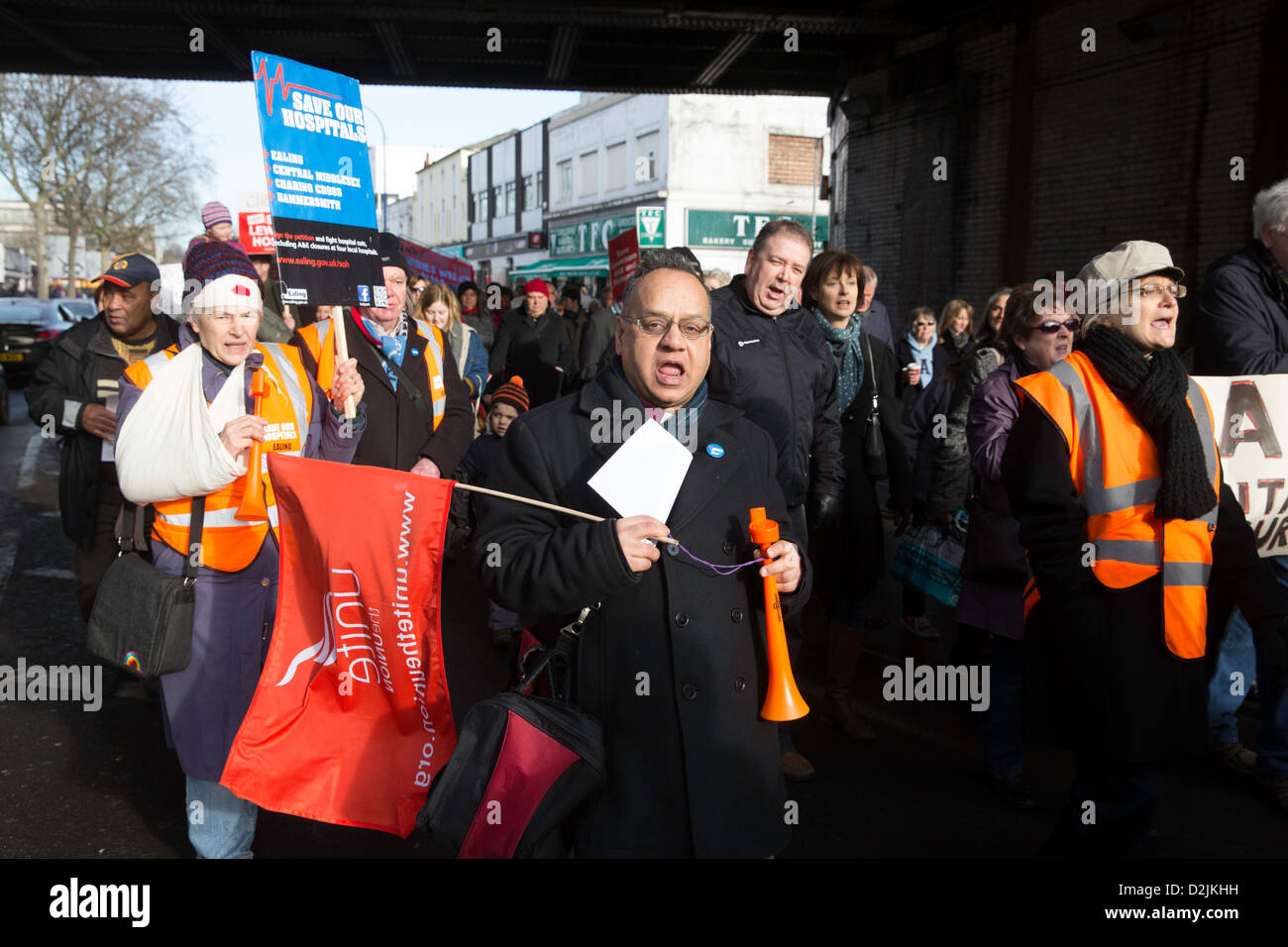 LONDON, 26/01/13 Protesters marching from Lewisham station towards Mountsfield Park, against Lewisham Hospital closure Stock Photo