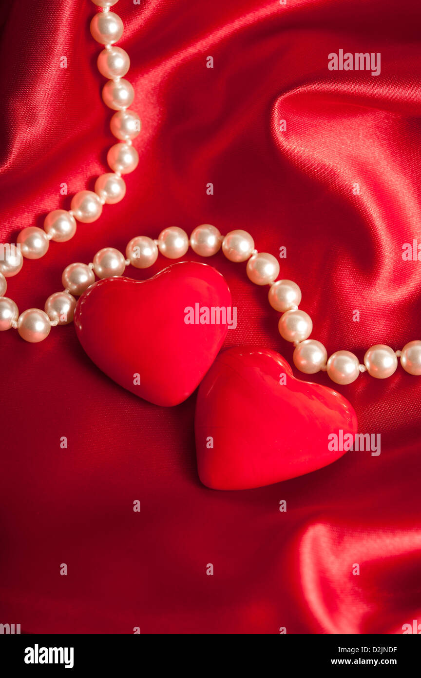 pearls necklace with two heart shapes, valentine concept Stock Photo
