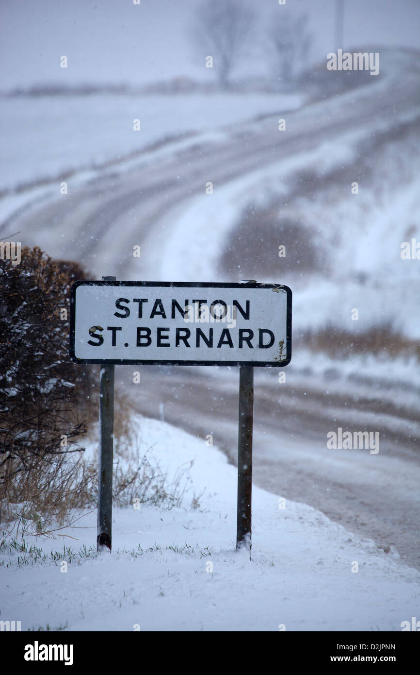 Stanton St Bernard Road Sign in the snow Stock Photo