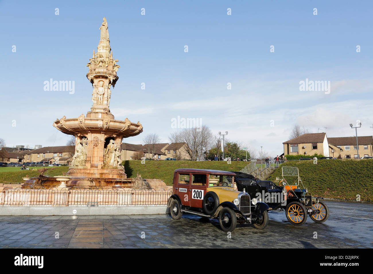Glasgow, Scotland, UK, Saturday, 26th January, 2013. A 1928 Citroen, Number 200, and Ford Model T cars on display at Glasgow Green beside the Doulton Fountain before the start of the Monte Carlo Classic Rally Credit:  Kenny Williamson / Alamy Live News Stock Photo