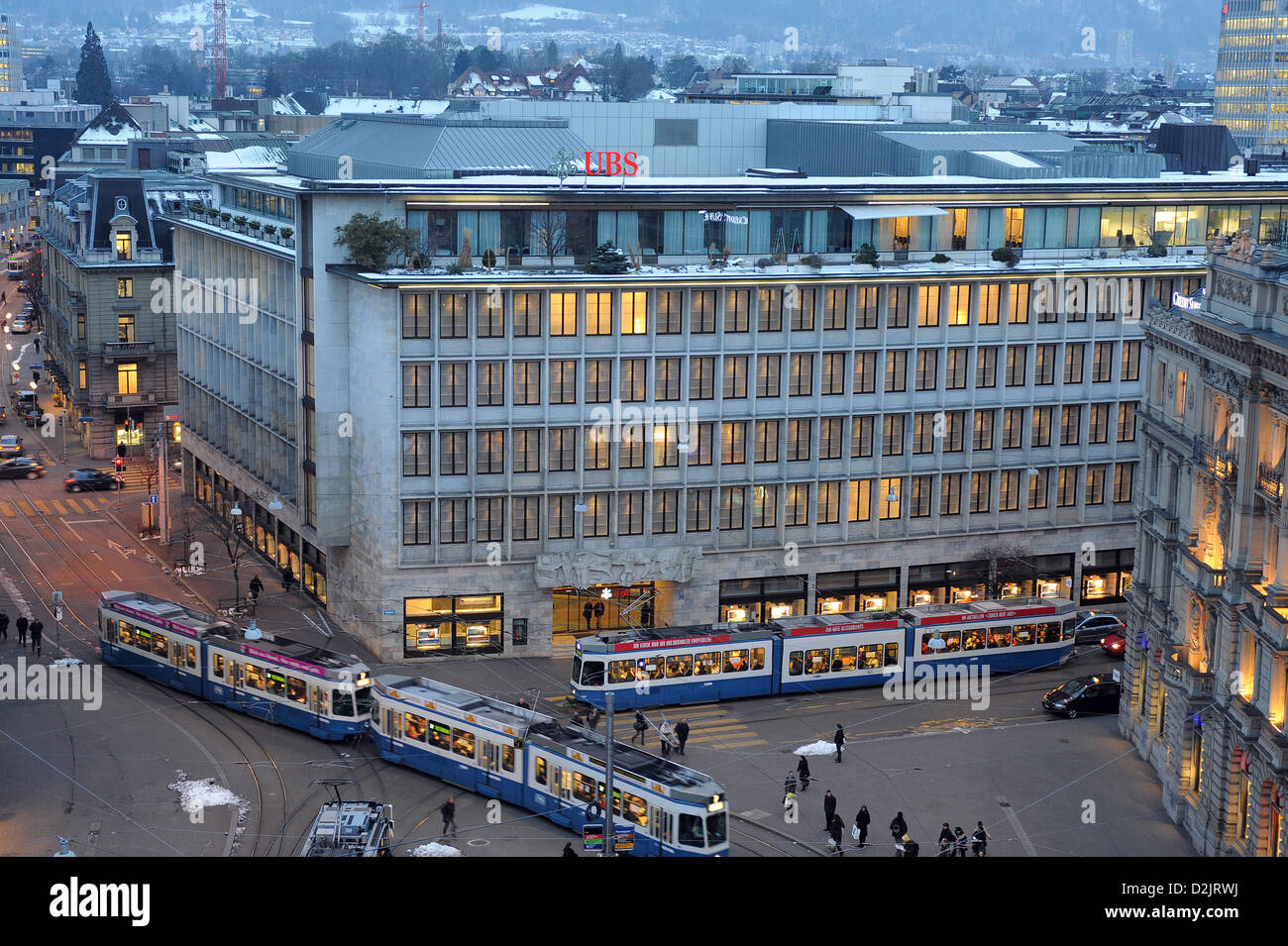 Zurich, Switzerland, Tram and UBS bank on Paradeplatz Stock Photo