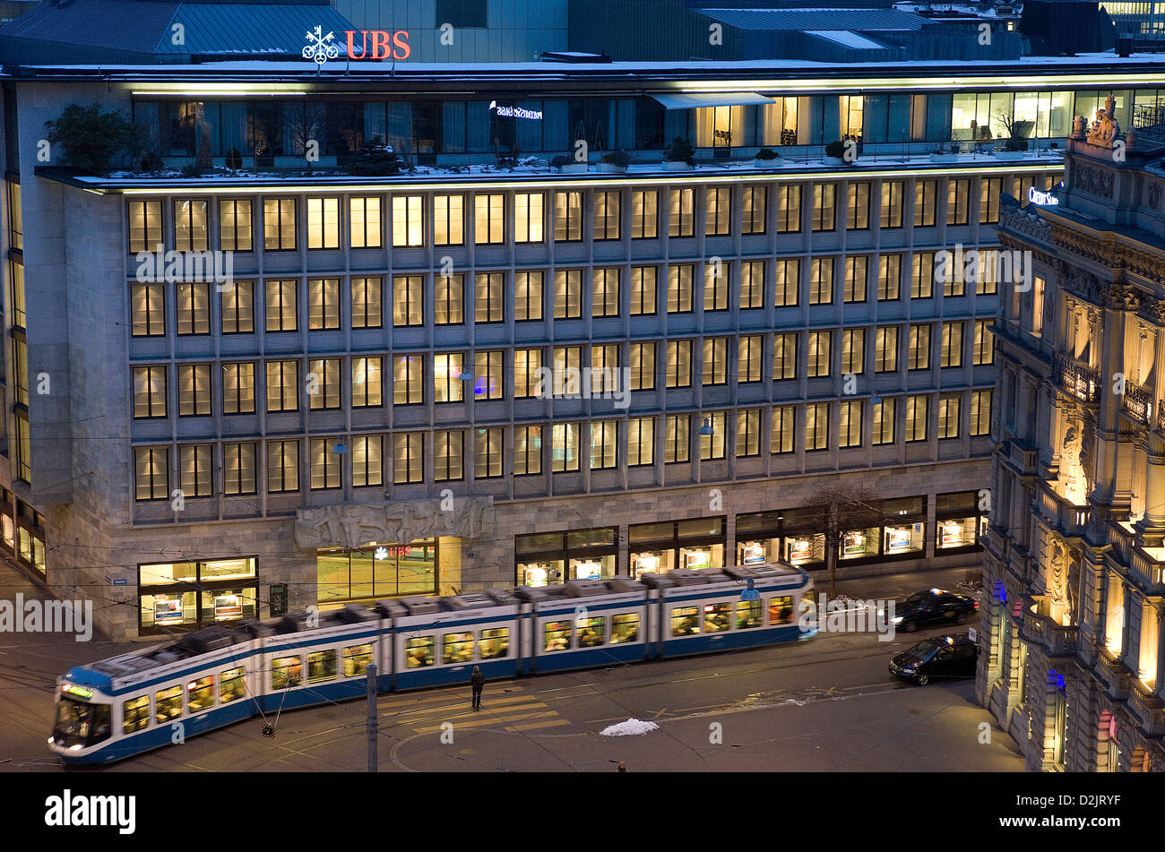 Zurich, Switzerland, Tram and UBS bank on Paradeplatz Stock Photo