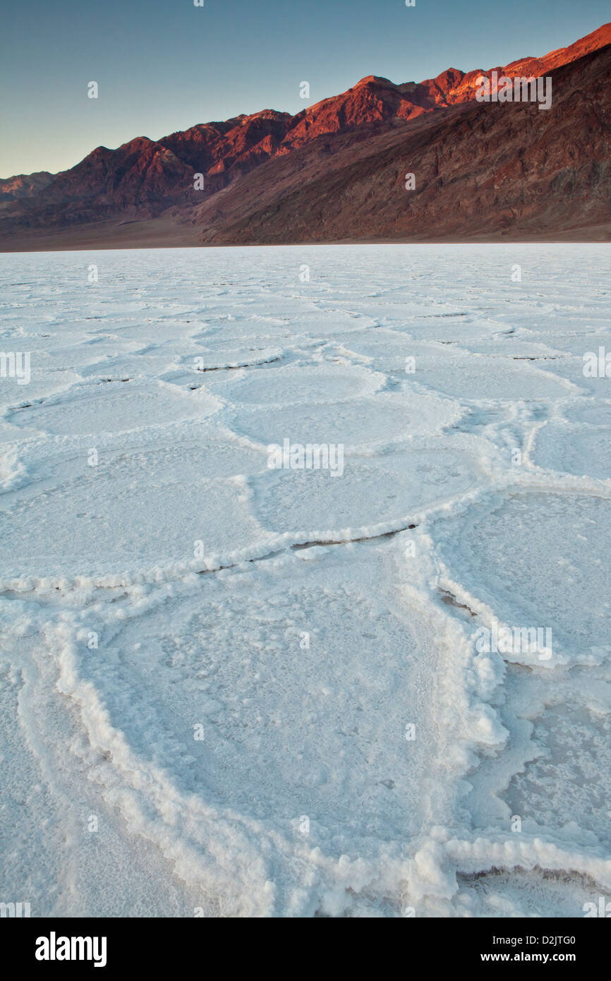 Salt pan polygons below the Black Mountains at Badwater during sunset, Death Valley National Park, California. Stock Photo
