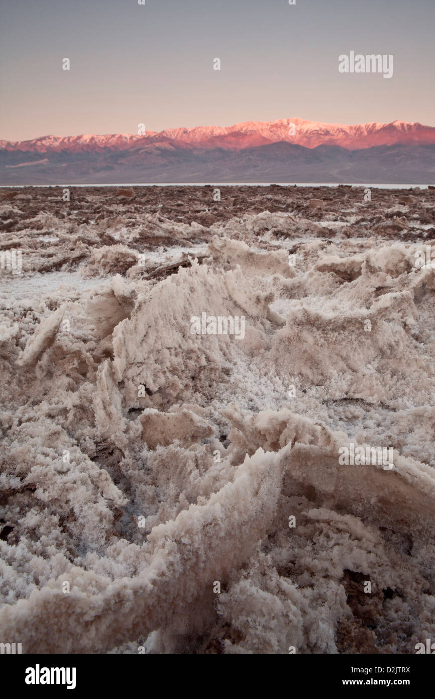 Early light strikes Telescope Peak in the Panamint Range above some uplifted salt crusts in Badwater Basin, Death Valley Stock Photo
