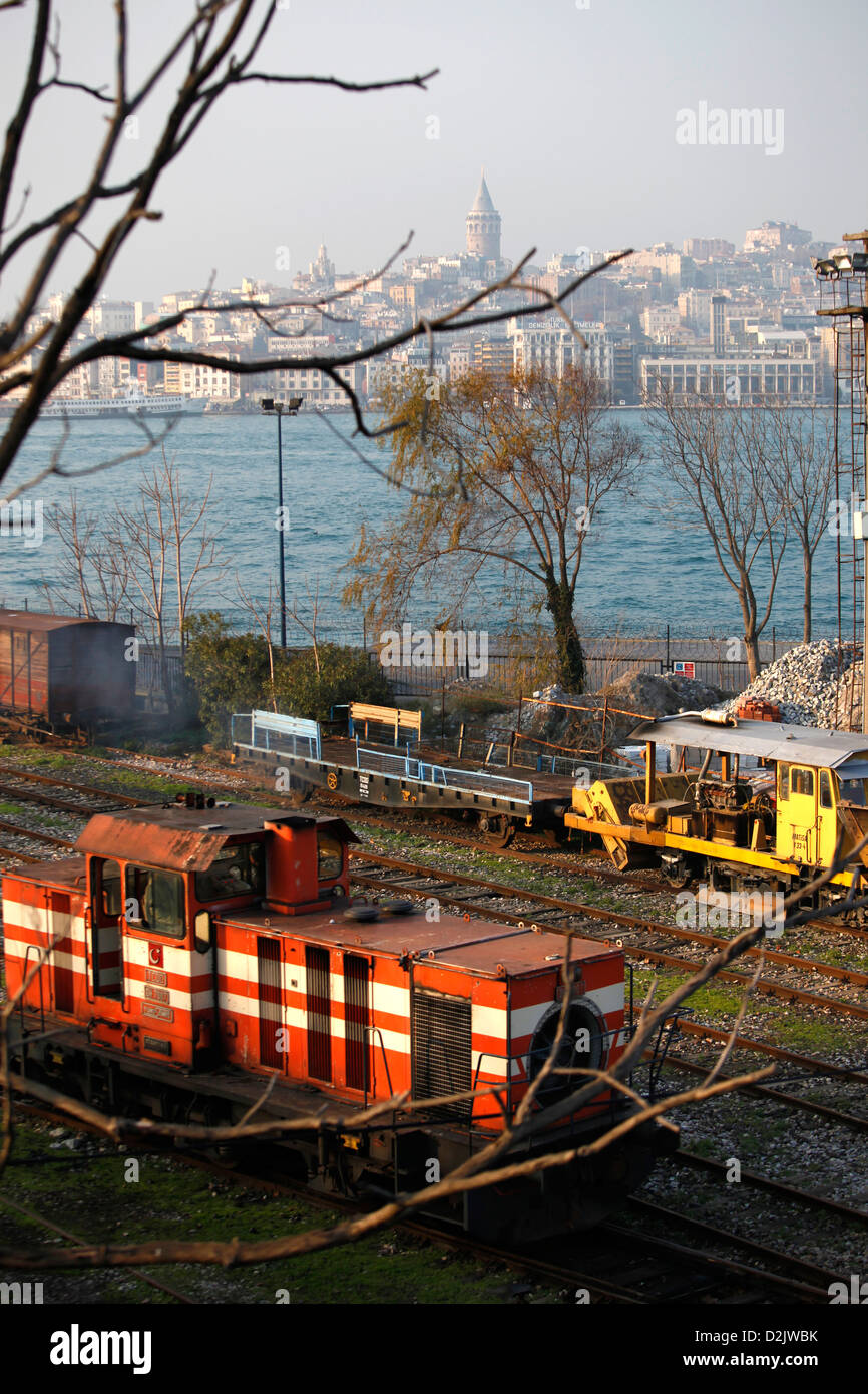 ISTANBUL TURKEY - TCDD Turkish State Railways train locomotive in Sirkeci with Galata Tower view Stock Photo