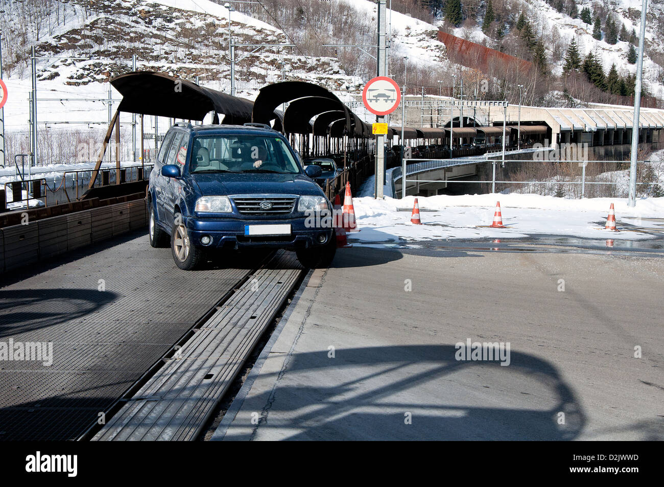 Leaving open sided car shuttle train between Kandersteg and Goppenstein Stock Photo Alamy