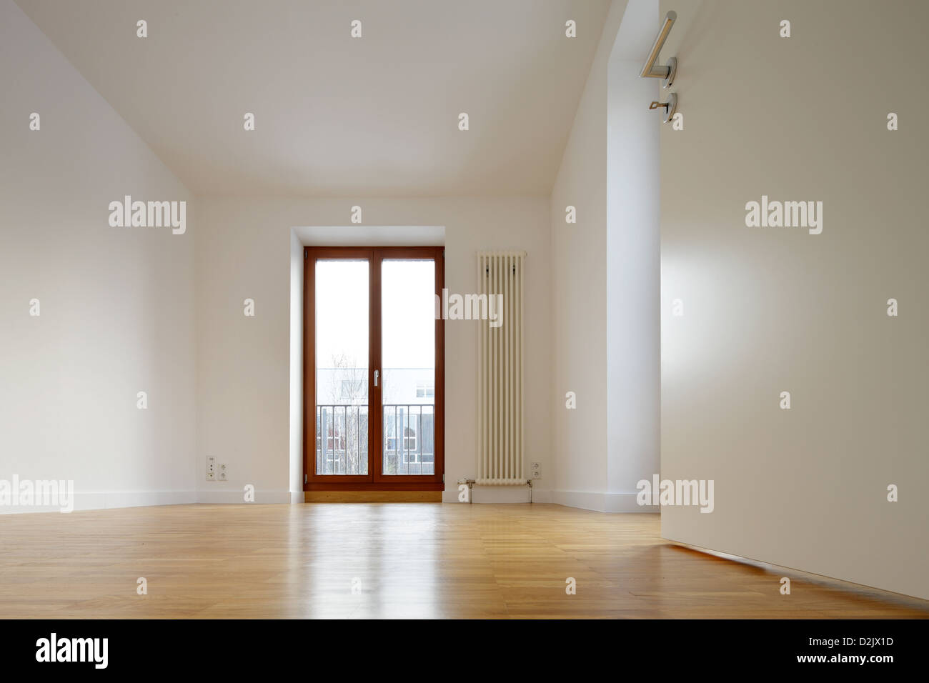 Berlin, Germany, rooms with parquet floors and wooden windows Stock Photo