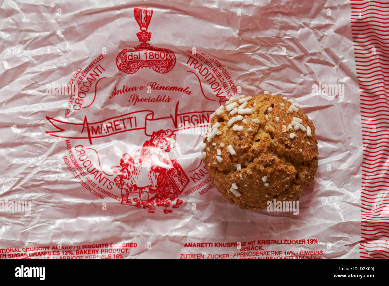 Amaretti Virginia biscuit unwrapped and set on wrapper Stock Photo