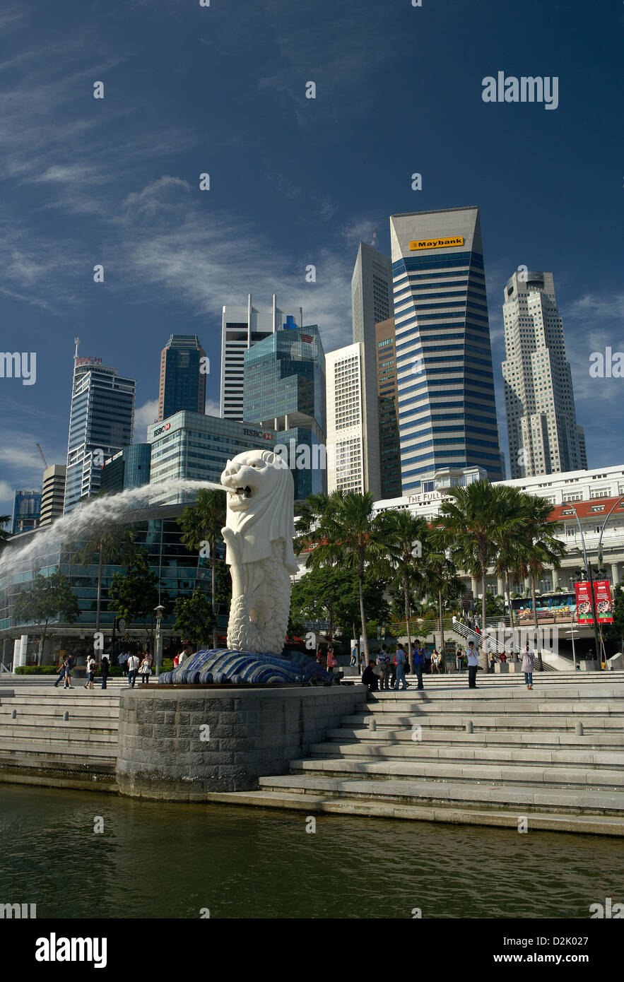 Singapore, Republic of Singapore, the Merlionfigur front of the skyline of the financial district Stock Photo