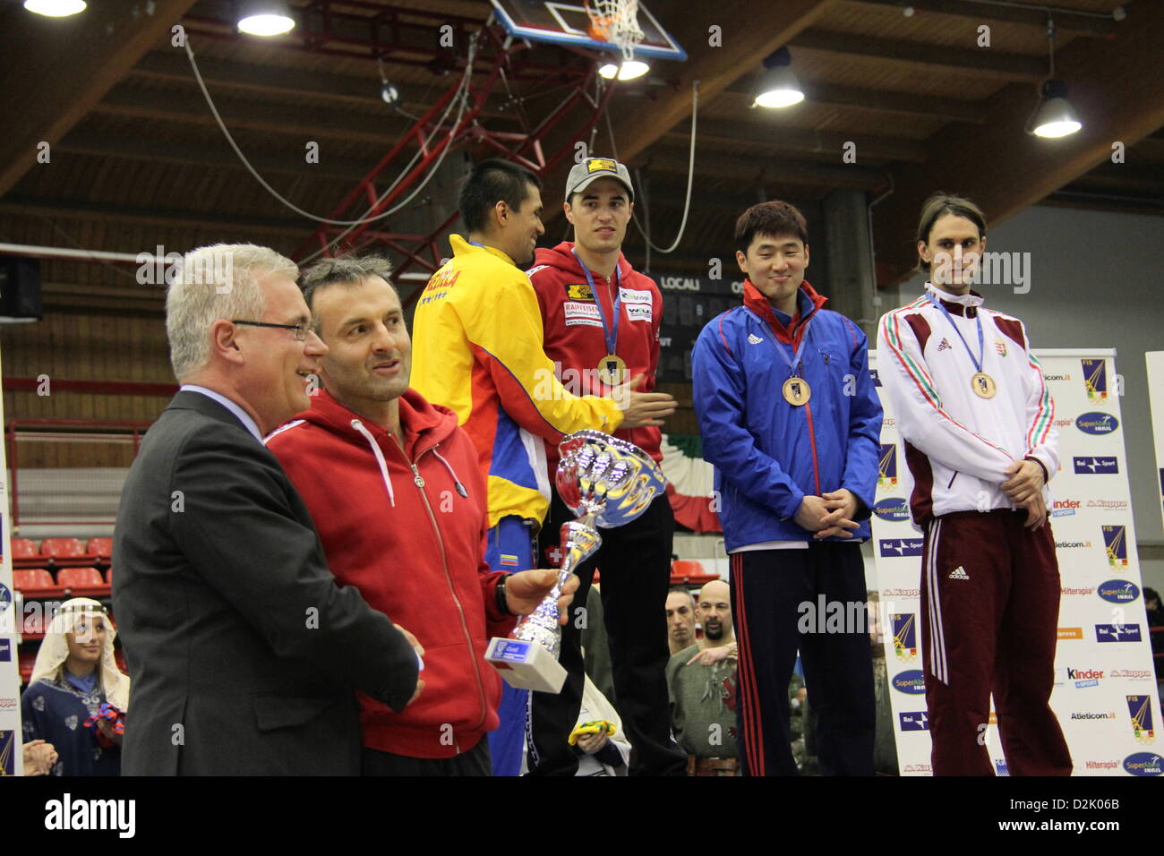 Saturday, January 26, 2013 Legnano, Milan, Italy: 1 Heinzer 2 Fernandez 3 Jung end Rédli - 36 Trophy Men's Epee World Cup, organized by Fencing Club Legnano in structure of the sport PalaBorsani. Stock Photo