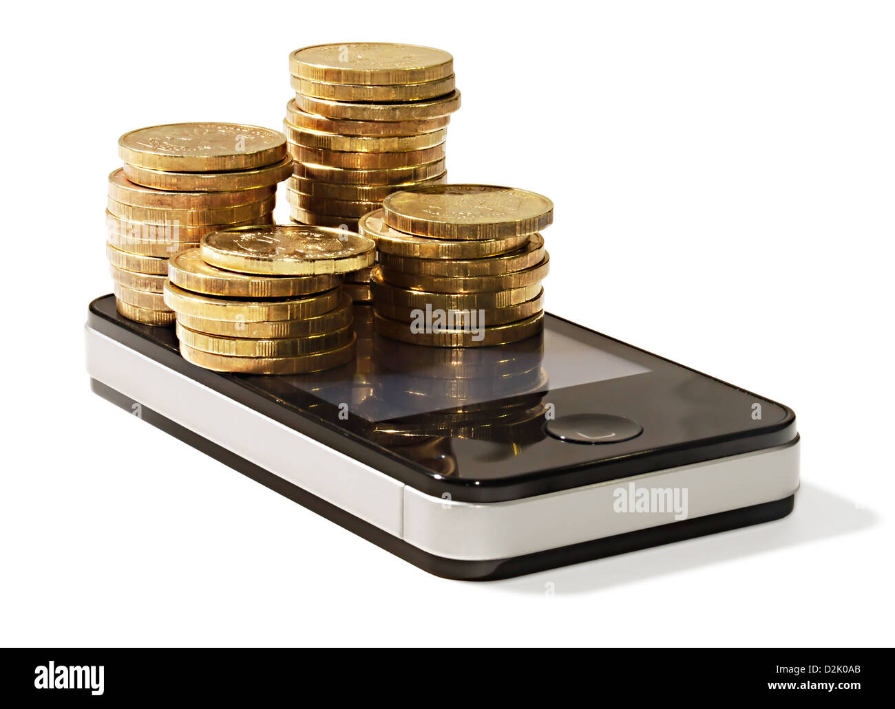 golden coins on cellular mobile phone Stock Photo