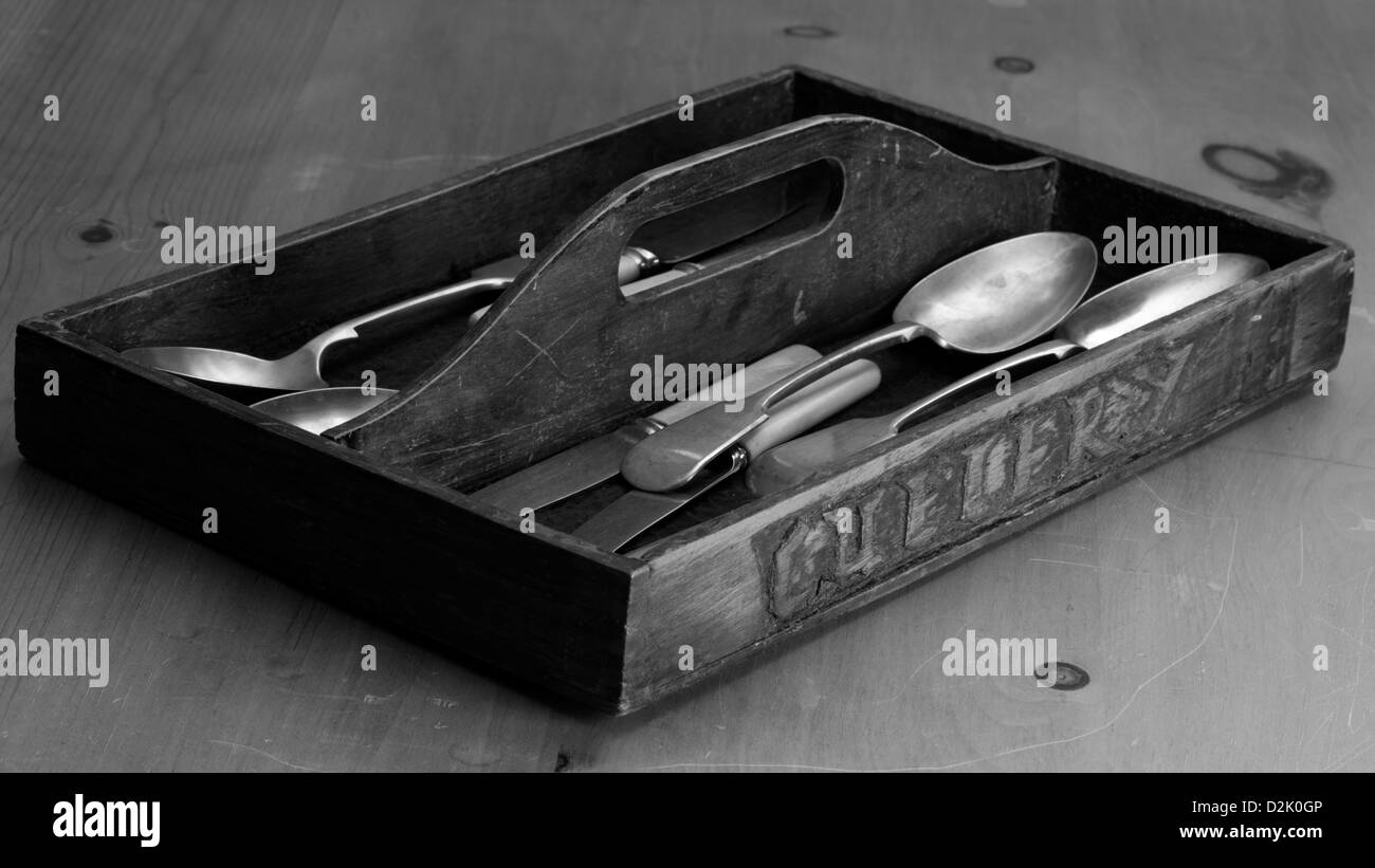 Vintage cutlery in antique wooden cutlery tray Stock Photo Alamy