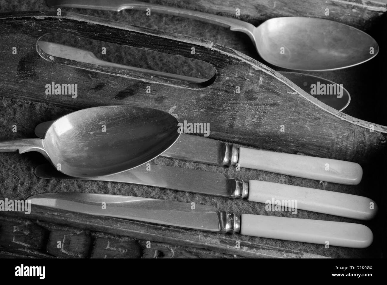 Vintage cutlery in antique wooden cutlery tray Stock Photo Alamy