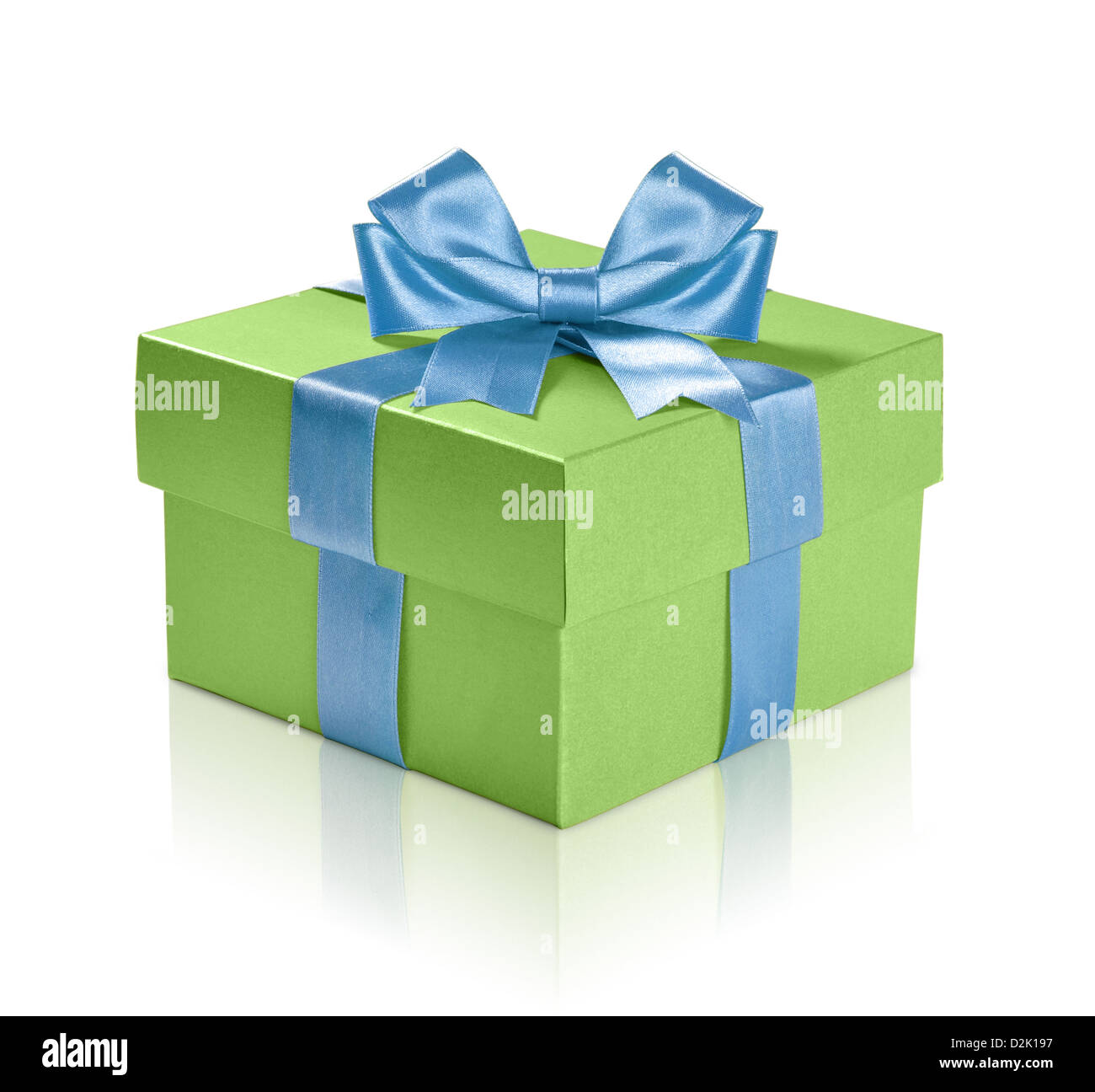 Green gift box with blue ribbon over white background. Clipping path included. Stock Photo