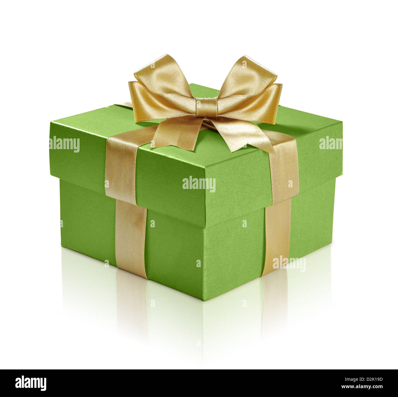 Green gift box with gold ribbon over white background. Clipping path included. Stock Photo