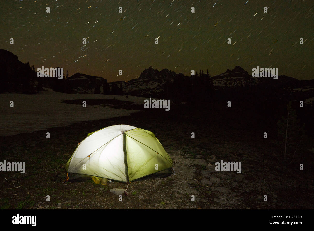 Night time view of a campsite on the Death Canyon Shelf along the Teton