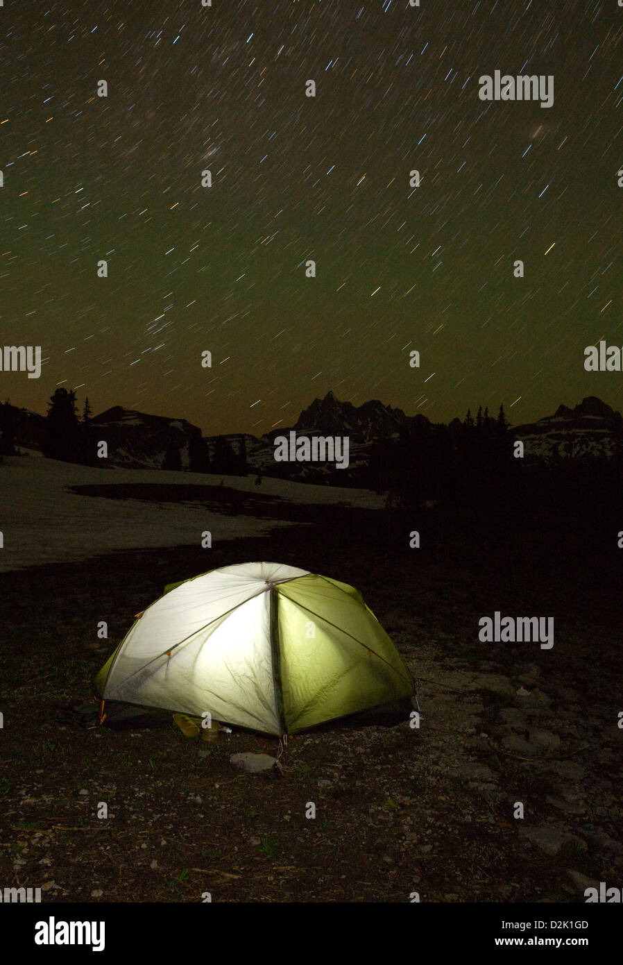 Night time view of a campsite on the Death Canyon Shelf along the Teton