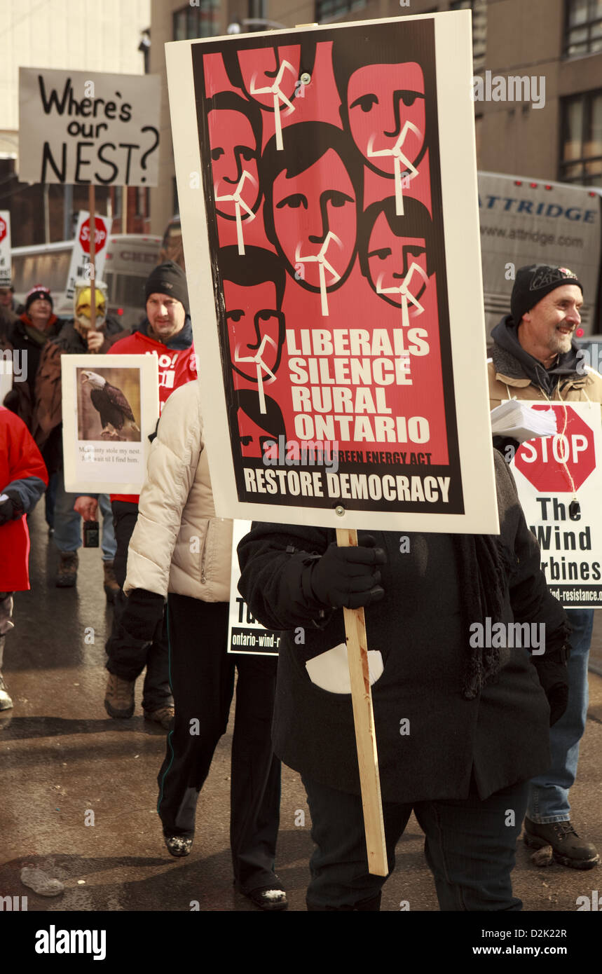 industrial wind turbines protesters marching to Liberal Leadership convention in Toronto January 26 2013 1 in Toronto, Canada. Stock Photo
