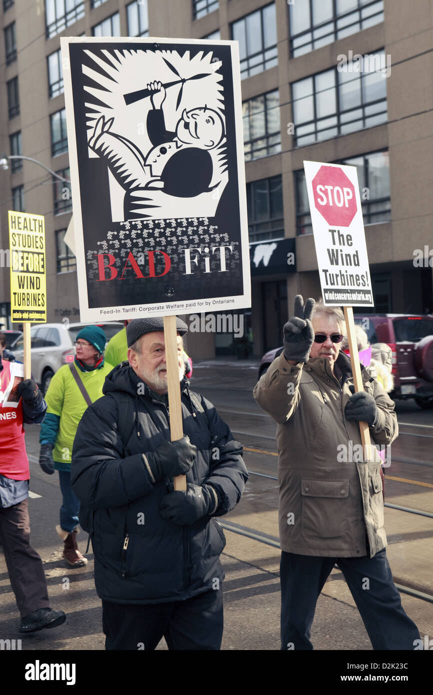 industrial wind turbines protesters marching to Liberal Leadership convention in Toronto January 26 2013 Stock Photo