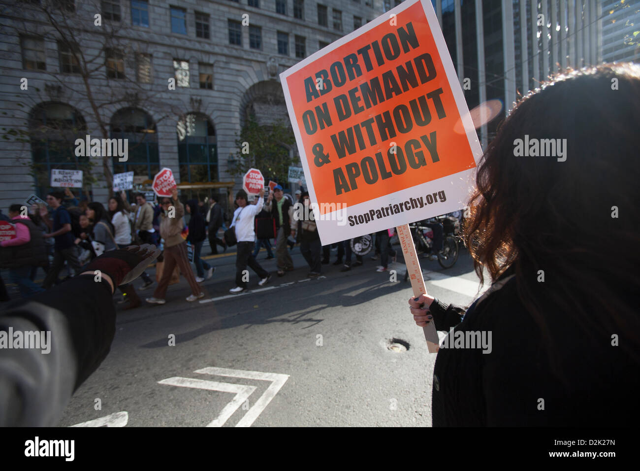 San Francisco. Jan 26th, 2013. Pro choice supporters turned out to voice their opinion in opposition to the very large west coast "walk for life" rally that easily numbered in the thousands of participants in San Francisco January 26, 2013. Stock Photo