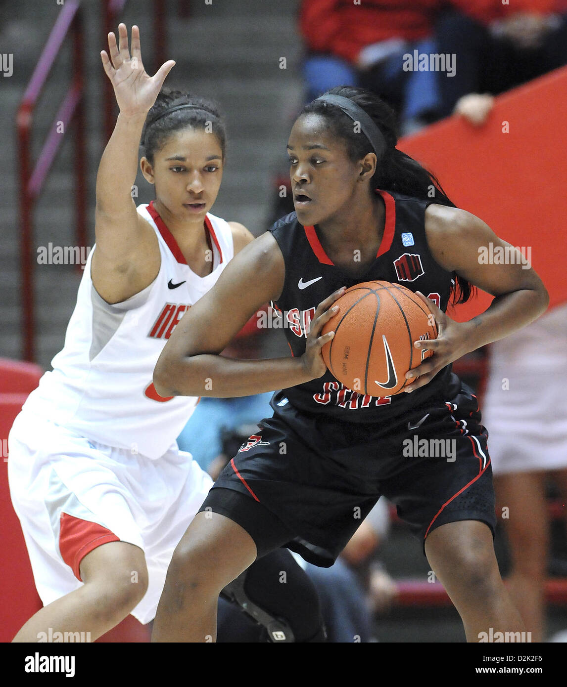 Jan. 26, 2013 - Albuquerque, NM, U.S. - UNM's #34 Whitney Johnson guards     SDSU's #5 Chairese Culberson  in their game Saturday evening in the Pit.Saturday, Jan, 26, 2013. (Credit Image: © Jim Thompson/Albuquerque Journal/ZUMAPRESS.com) Stock Photo