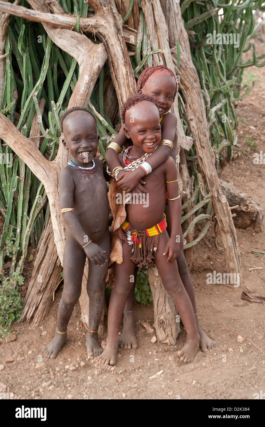 Three Hamar children together, laughing Stock Photo