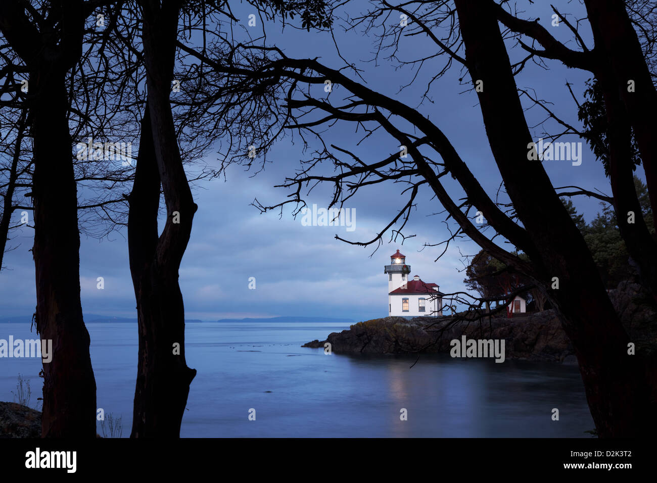 Lime Kiln Lighthouse framed by Pacific Madrone at dawn, Washington Stock Photo