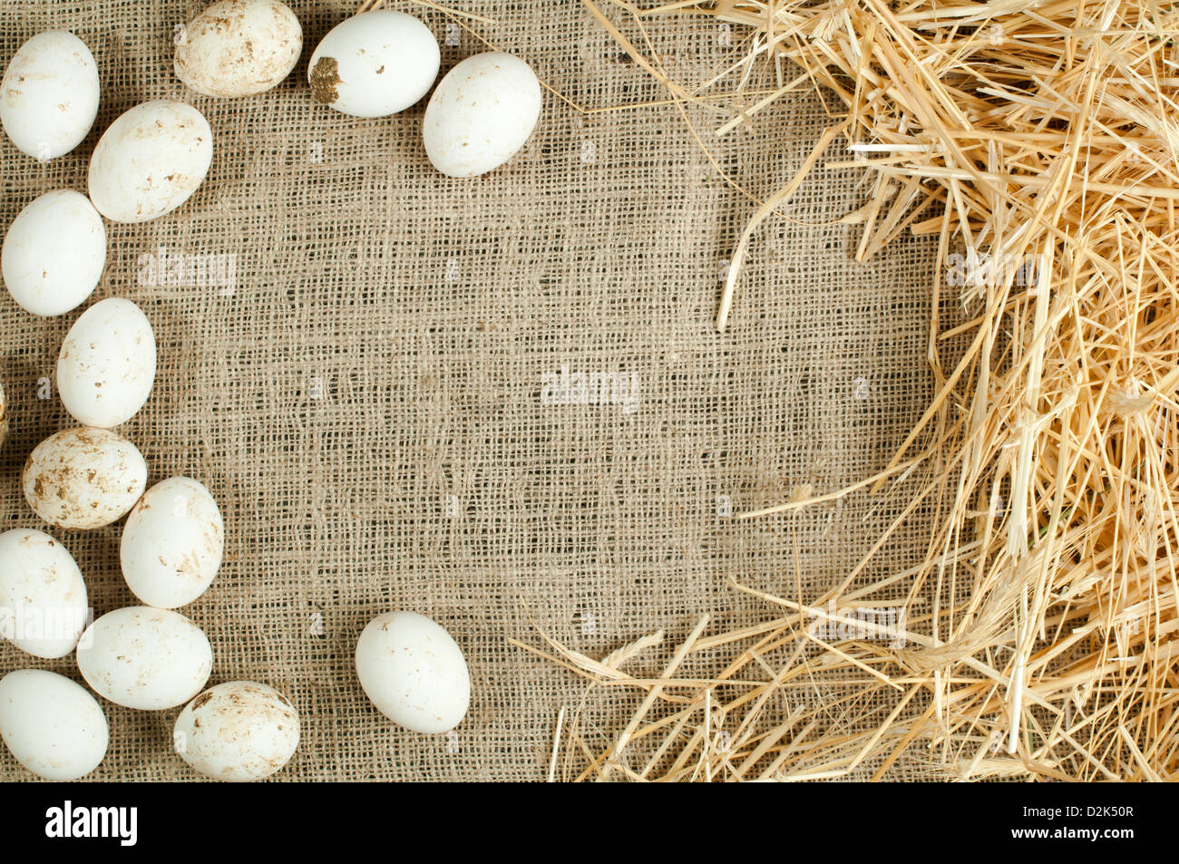 Organic white eggs on sackcloth and straw. Copy space Stock Photo - Alamy