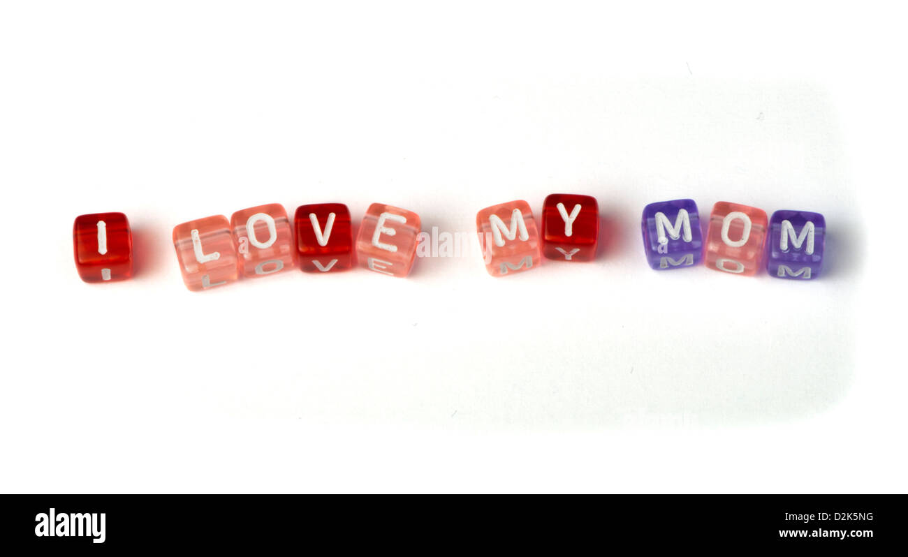 Phrase I love my mom on multicolored wooden cubes white isolated Stock Photo