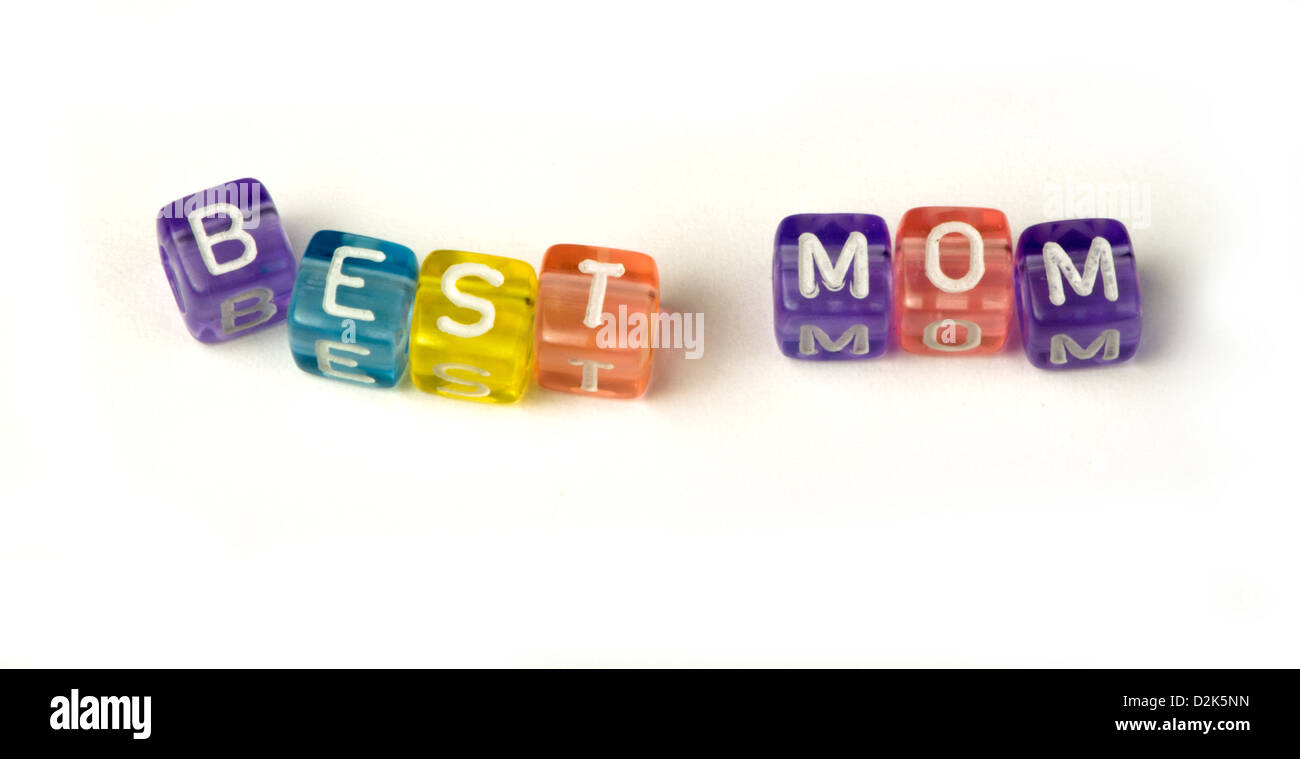 Phrase Best mom on multicolored wooden cubes white isolated Stock Photo