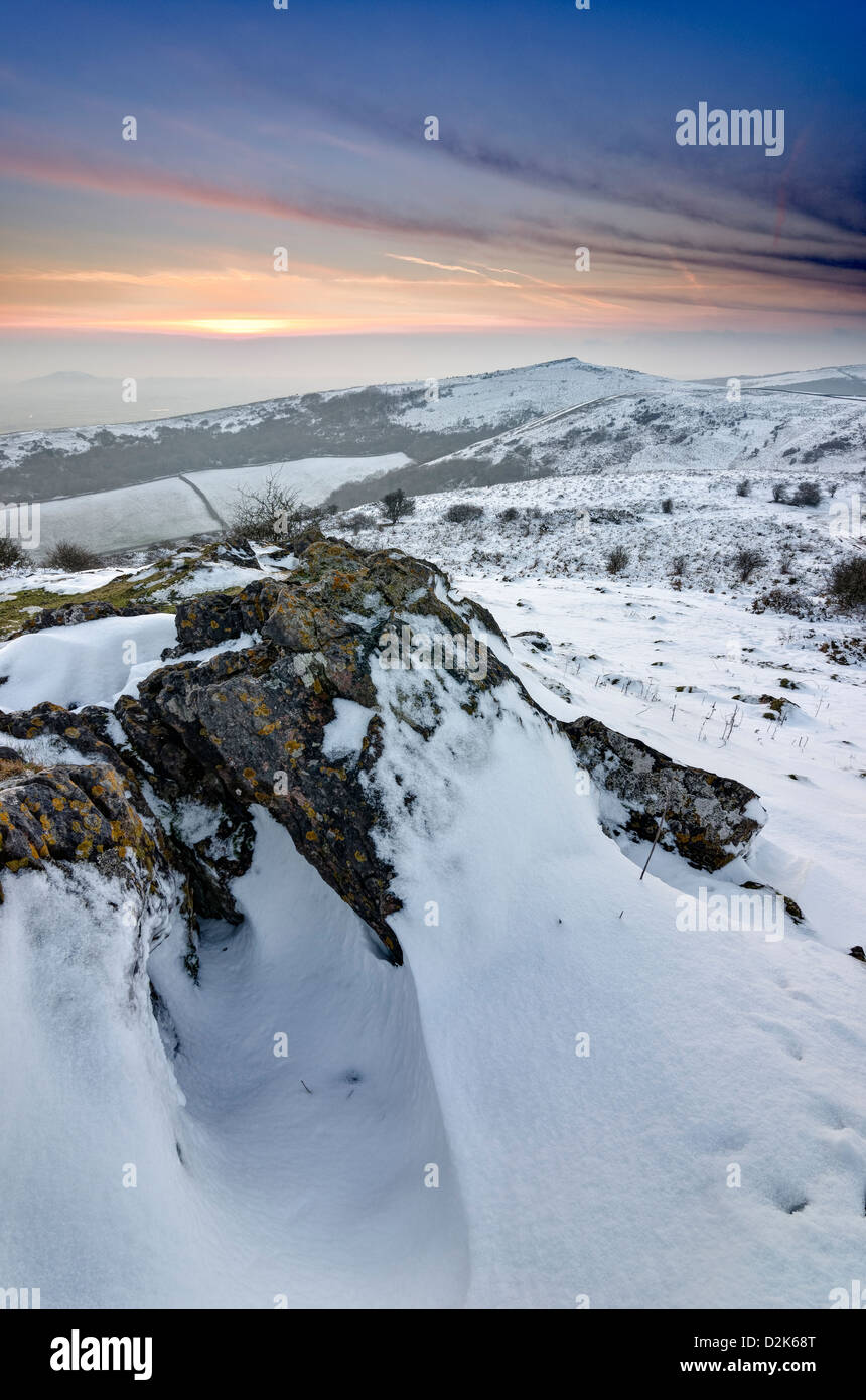 Snow and Winter on The Mendip Hills at Sunset, North Somerset, United Kingdom Stock Photo